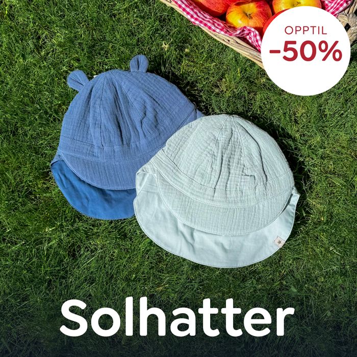 Solhatter og sommerhatter til barn på salg – opptil 50% rabatt på solbeskyttelse til små og store barn.