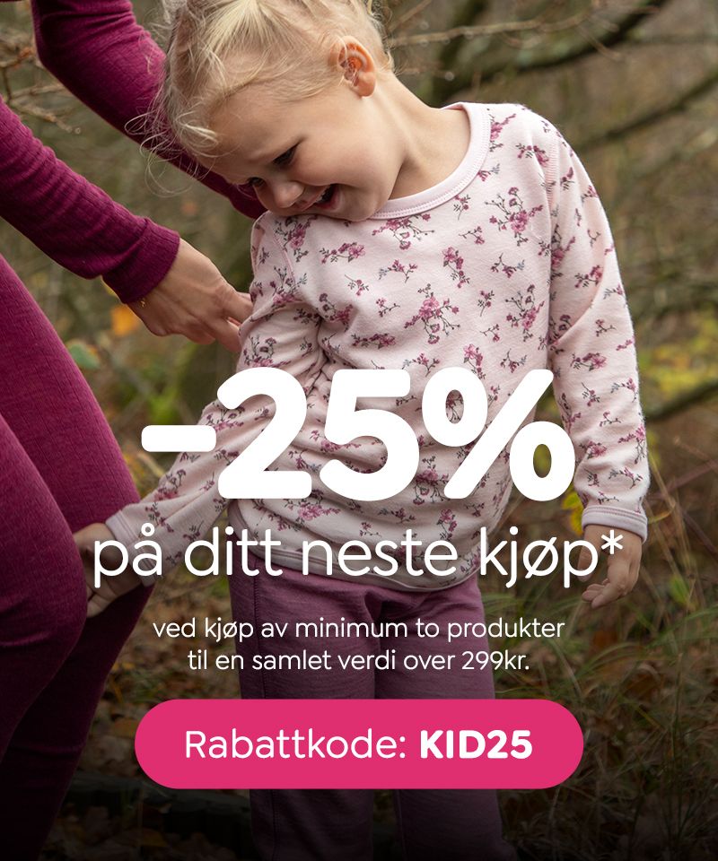 25% rabatt på ditt neste kjøp med rabattkoden KID25 - Gjør et kupp på barneklær, ull, sko og yttertøy til barn.