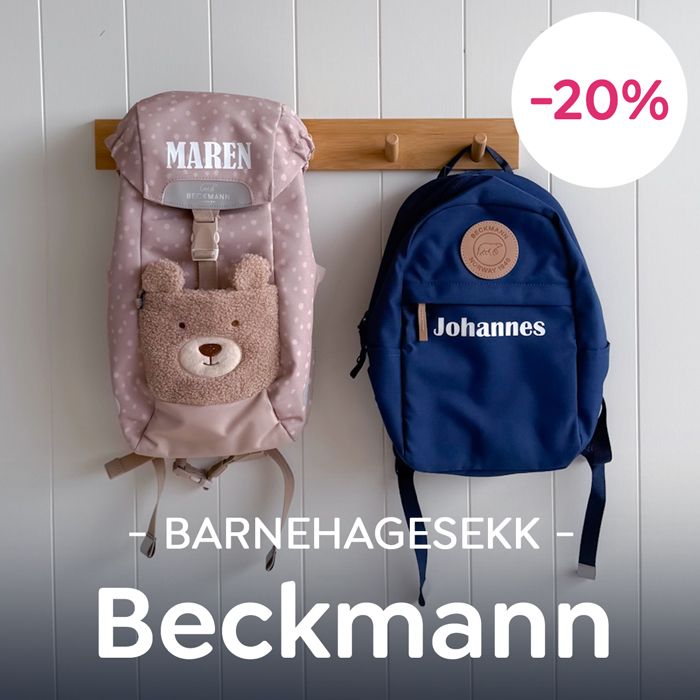 20% rabatt på Beckmann barnehagesekker – gjør sekken personlig med navnetrykk og vær klar til barnehagestart.
