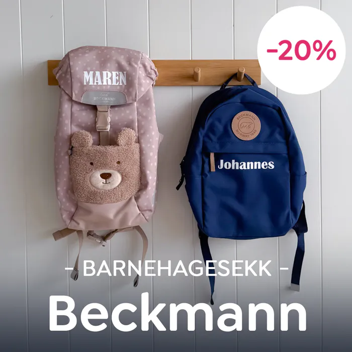 20% rabatt på Beckmann barnehagesekker – gjør sekken personlig med navnetrykk og vær klar til barnehagestart.