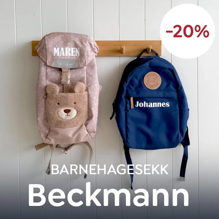 Beckmann barnehagesekker med 20% rabatt – gjør sekken ekstra personlig med navnetrykk.